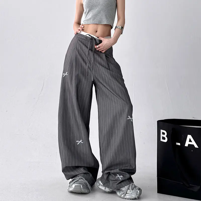 

American design bow embroidery vertical stripe fake two-piece trousers women's summer new loose and versatile casual trousers