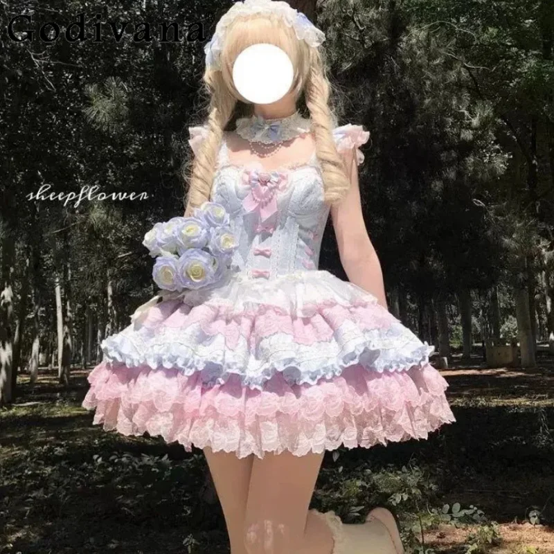 Lolita New Sweet Jsk Short Ballet Style Suspender Dress Fashion High Waist A-line Age Reduction Slash Neck Princess Cake Dresses