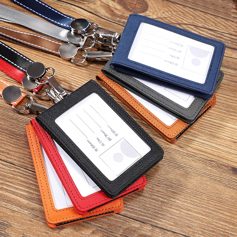 PU Leather Id Credit Bank Card Case Transparent Business Badge Card Holder With Neck Strap Lanyard Solid Color Passport Holder