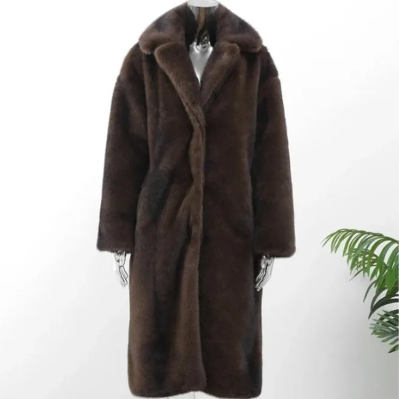 

Winter Warm Long-Length Faux Mink Fur Coat for Women Thick Plush Faux Fur Outerwear Street-Style Windproof Cold-Resistant Jacket