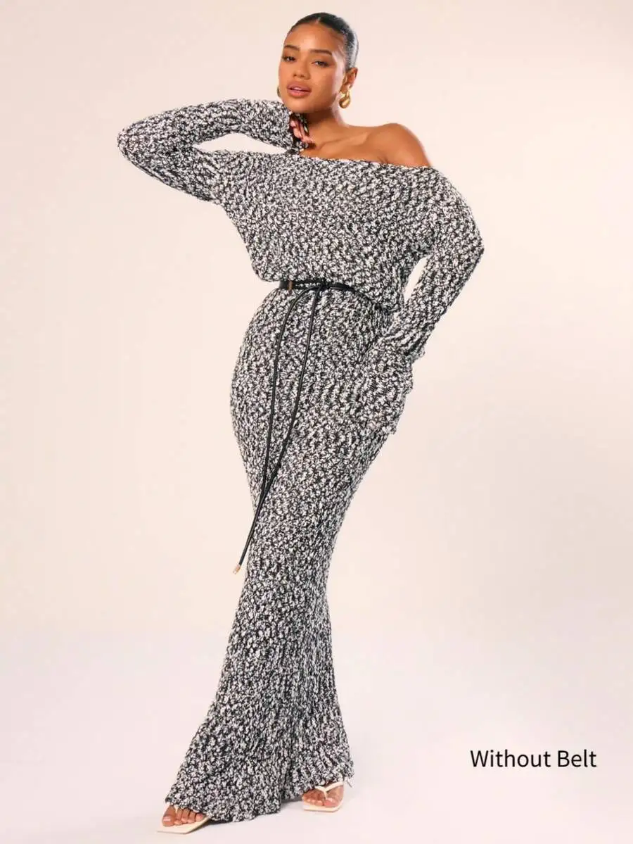 

Off-Shoulder Long Sleeve Knit Maxi Dress with Drawstring Waist