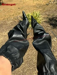 Black Sewing Patchwork Knee High Boots Pleated Pointy Toe Stiletto Heels Women's Long Boots Solid Winter 2025 New Luxury Shoes