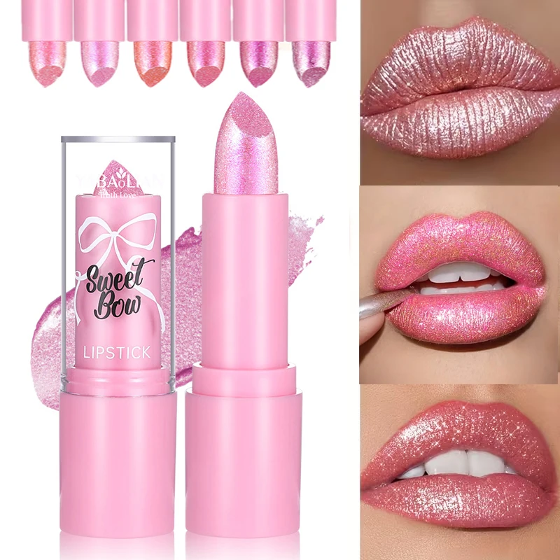 YABAOLIAN Funkelnder Schleifenlippenstift in 6 Farben, Perlmutt-Lippenstift, feiner Glitzer, goldener Spiegel-Lippenbalsam, Lippenstift für Mädchen, pinker Lippenstift