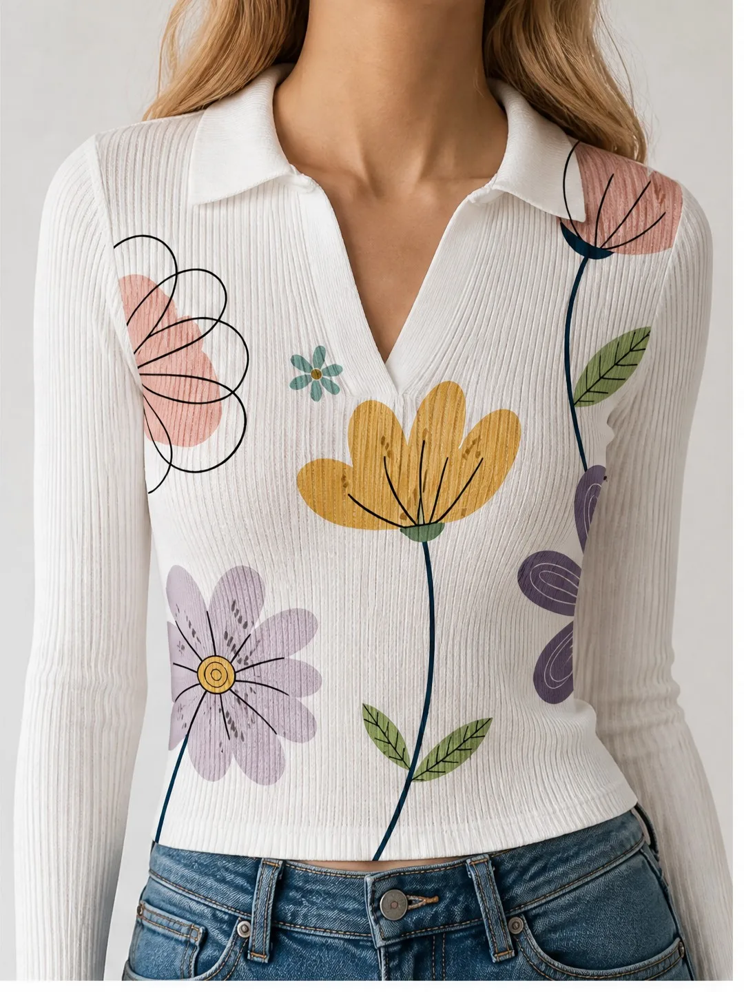 Urban Chic Womens Collared V Neck Ribbed Knit Crop Top Figure Flattering Long Sleeve Pullover for Fall Everyday Wear Street Chic