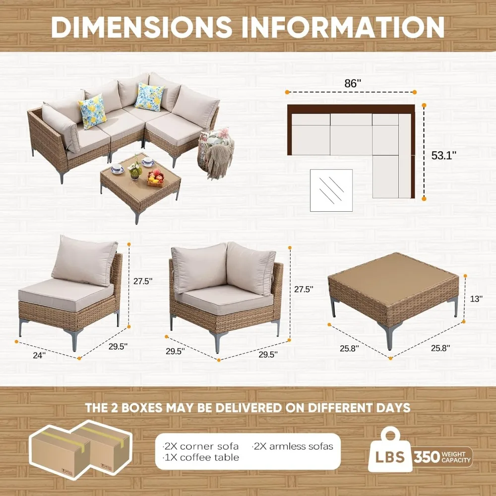 

5 Pcs Wicker Patio Sectional Sofa Set, Outdoor Conversation Furniture with Coffee Table, Customized