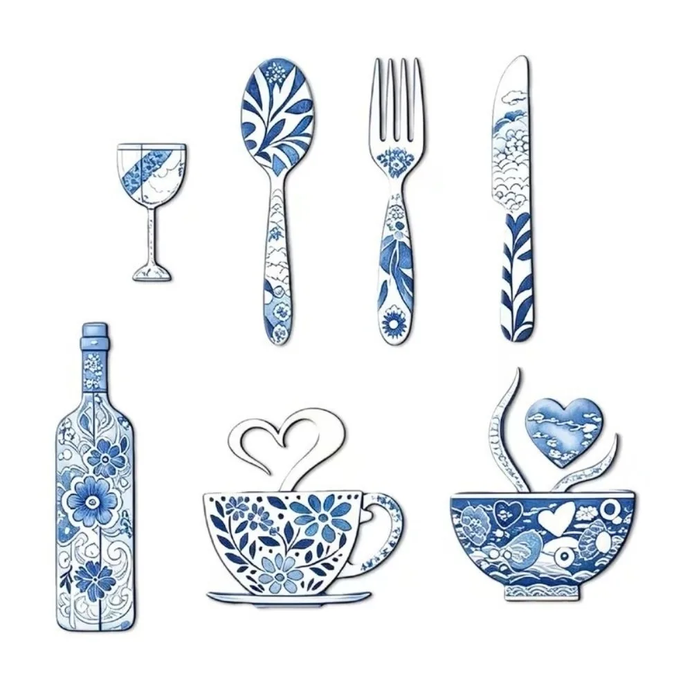 8PCS/SET Retro Wooden Wall Sticker Ornaments Fork Pastoral Style Floral Coffee Element Wall Plaques Tableware Design Coffee Cup