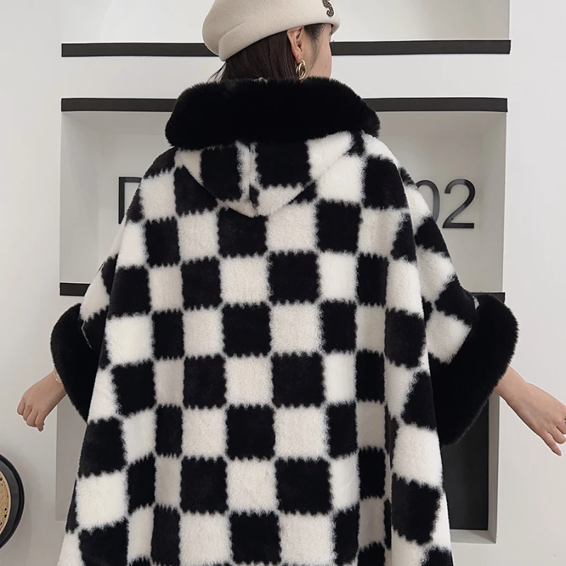 Women Black White Plaid Faux Otter Fur Collar Sweater Jacket Knitted Cardigan Hooded Top Cape WindbreakerWinter Coats Autumn