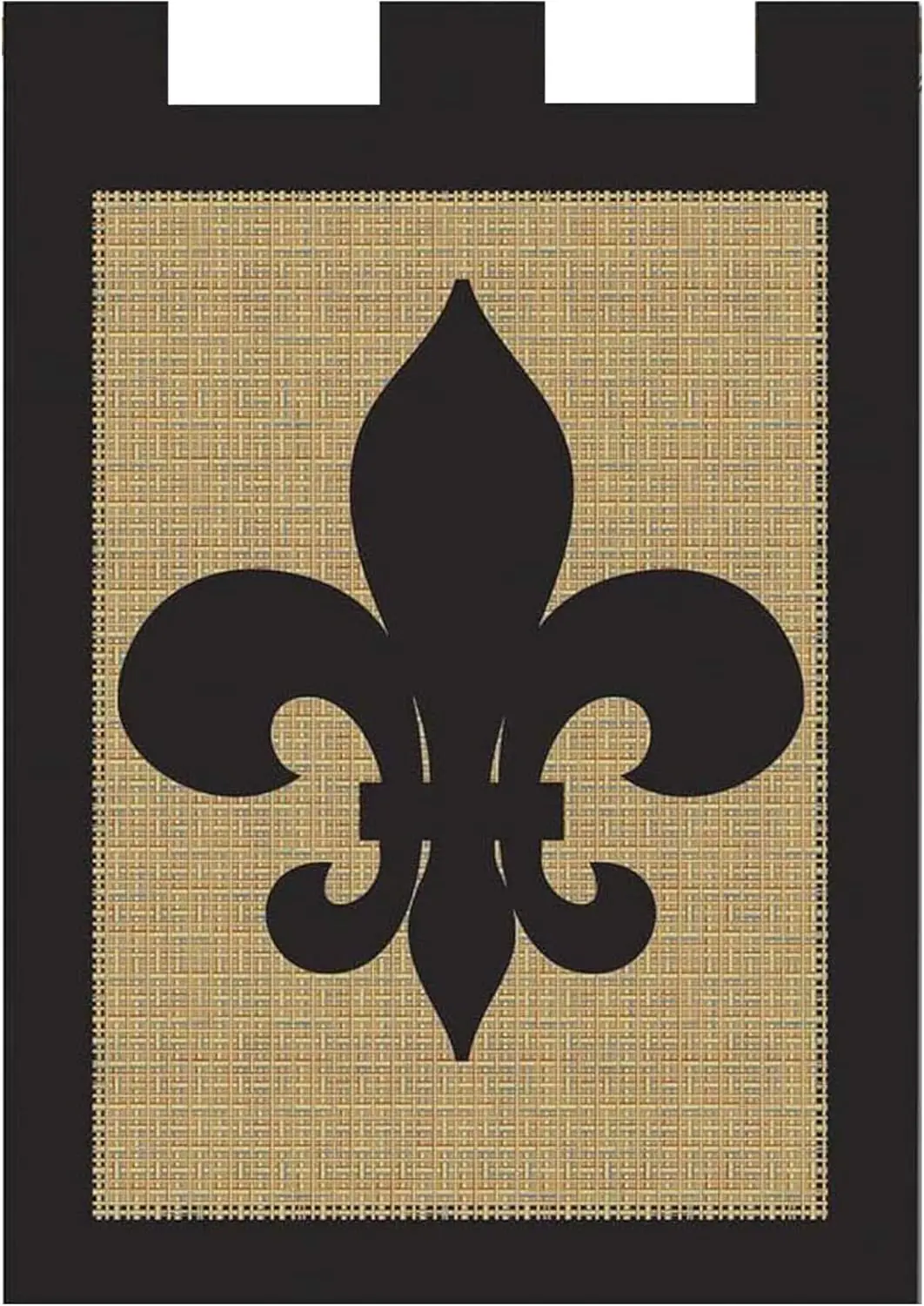 Solid Black Fleur de Lis on Burlap 18 x 13 Rectangular Double Applique Tab Top Small Garden Flag