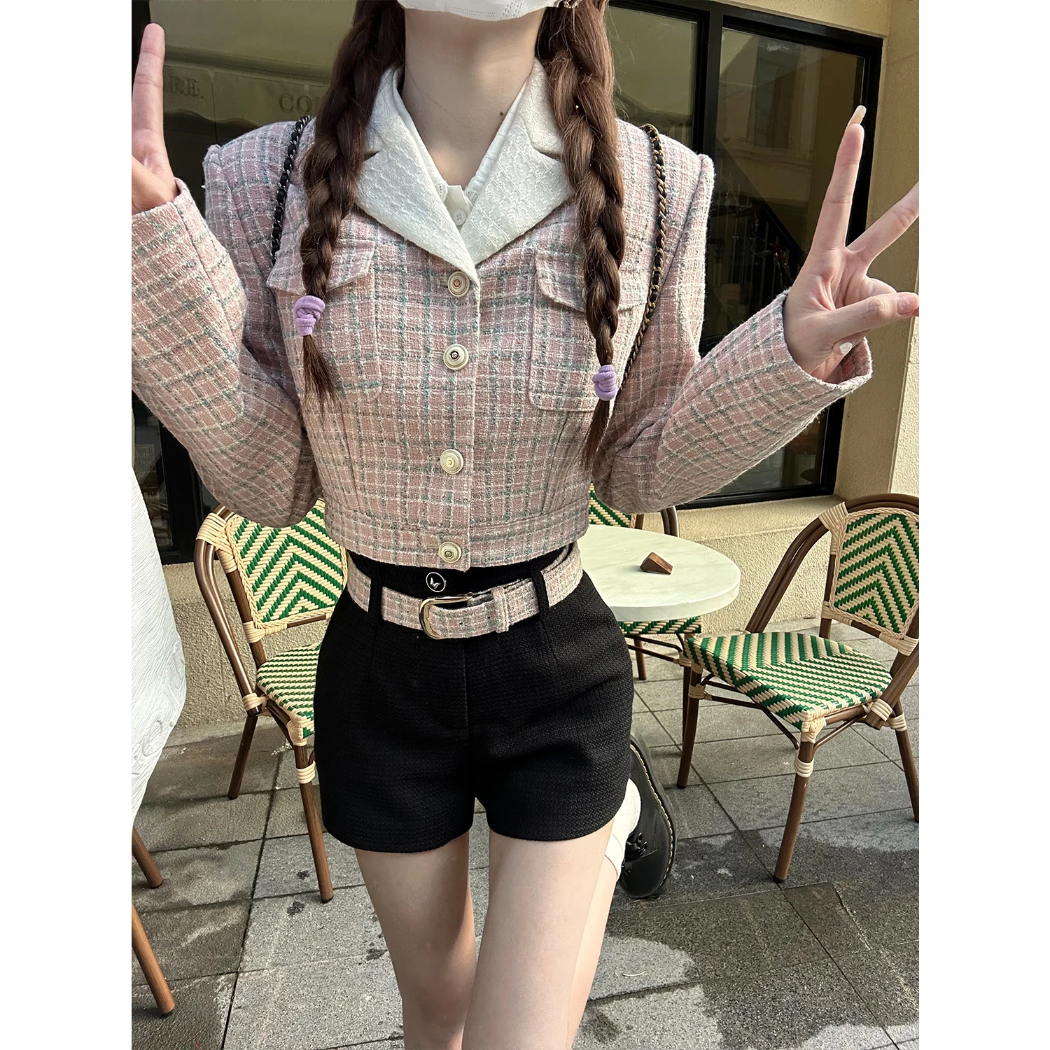 

Короткое пальто Small Fraance для женщин, цвета сухой розы, в клетку, с высокой талией, из 100% полиэфирного волокна, весенний сезон