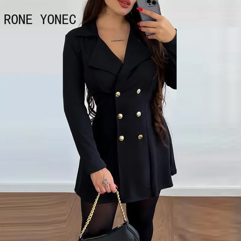 Women Elegant Notched Collar Solid Double Breasted A Line Mini Pleated Formal Working Blazer Dresses