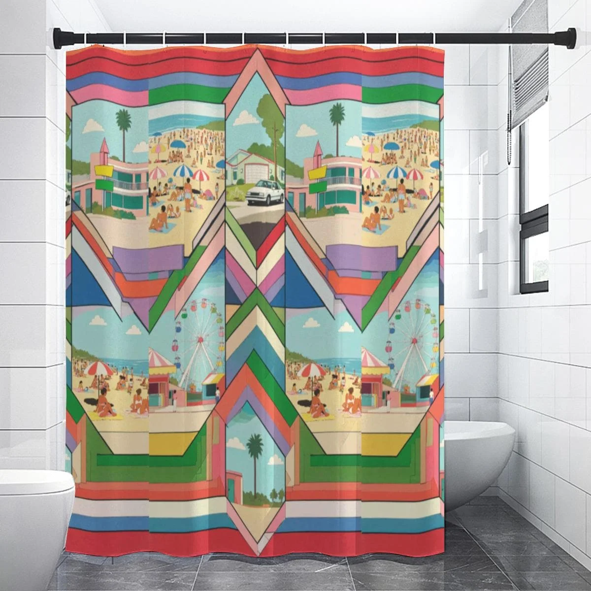 Vibrant Beach Carnival Shower Curtain Waterproof Bathroom Shower Curtain Tropical Fun Summer Resort Style