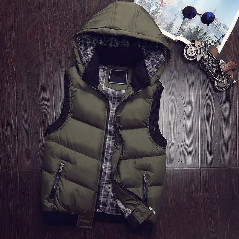 Men's Puffer Sleeveless Winter Coats Contrast Color Hooded Down Cotton Vest Jackets Thick Warm Windbreaker Waistcoat Clothing view 5