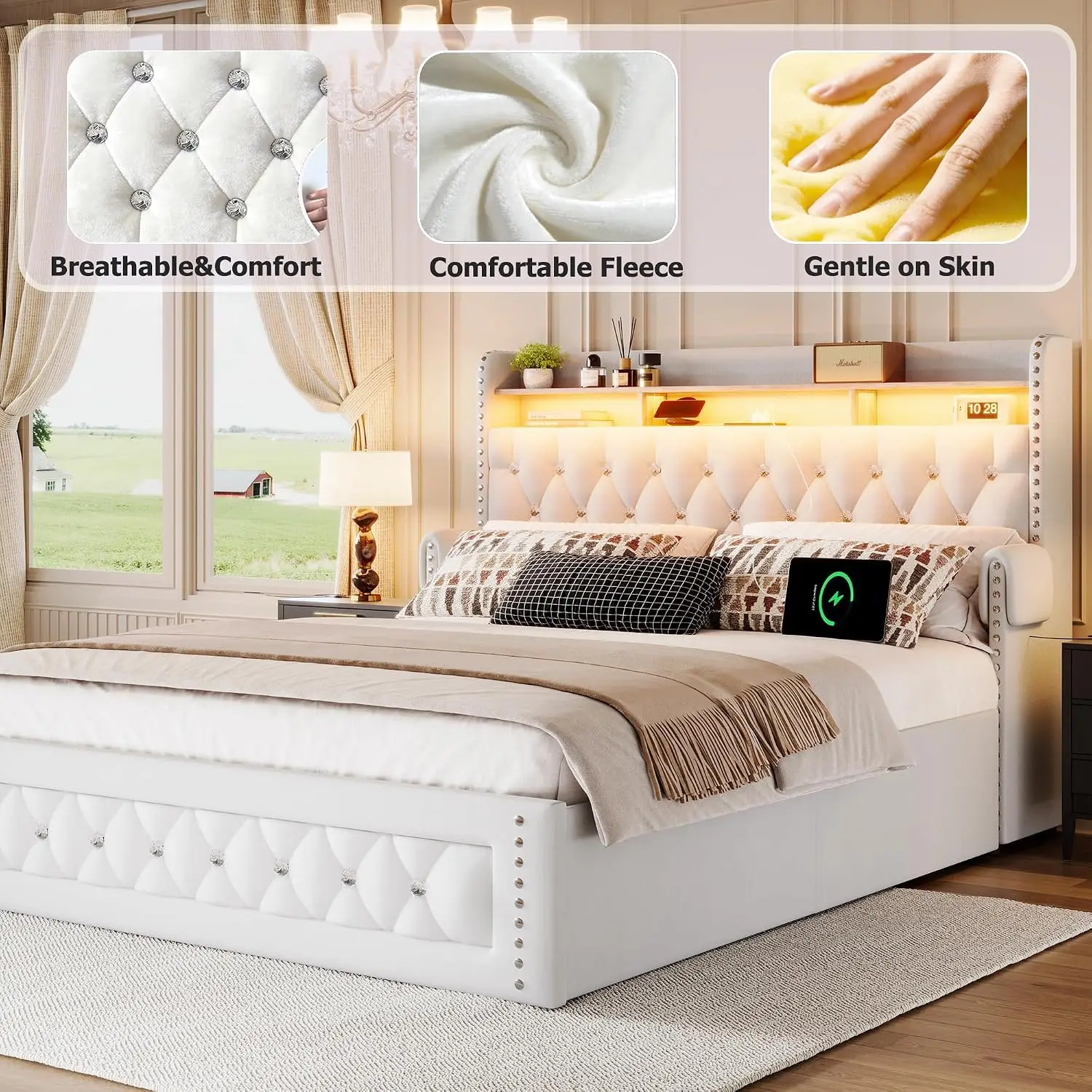 Queen Size Bed Frame with 4 Storage Drawers,Velvet Upholstered Queen Platform Bed with Charging Station and Storage, Customized - view 5