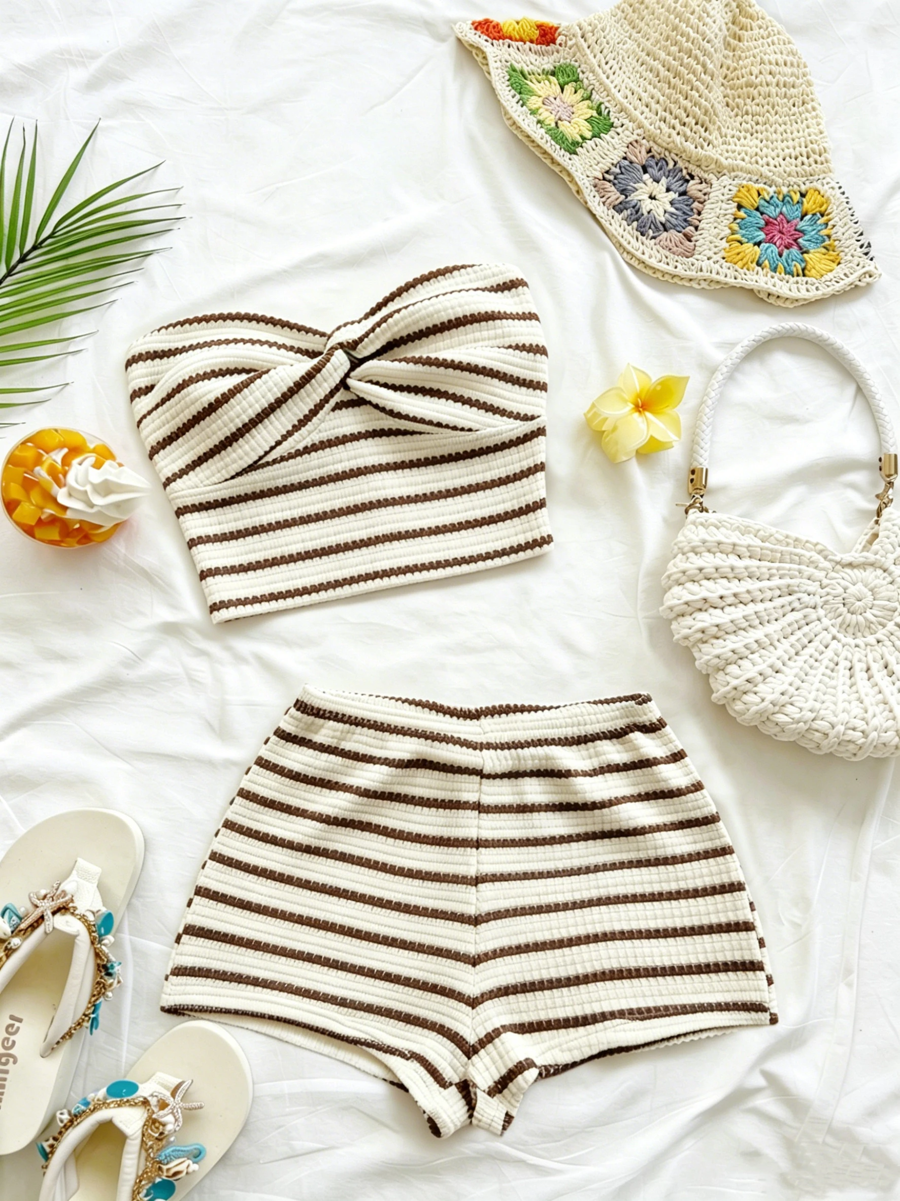 

Women's 2-piece striped twisted detail top and shorts, suitable for dates, parties, and beach vacations (accessories not include