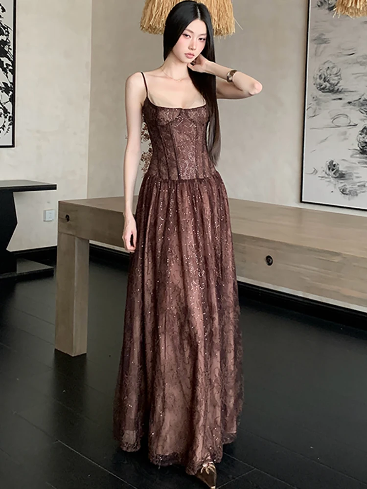 Summer Sequins Lace Jacquard Patchwork Sling Dress 2026 Korean Vintage Luxury Dance Party Dress Women Elegant Bodycon Dress Gown