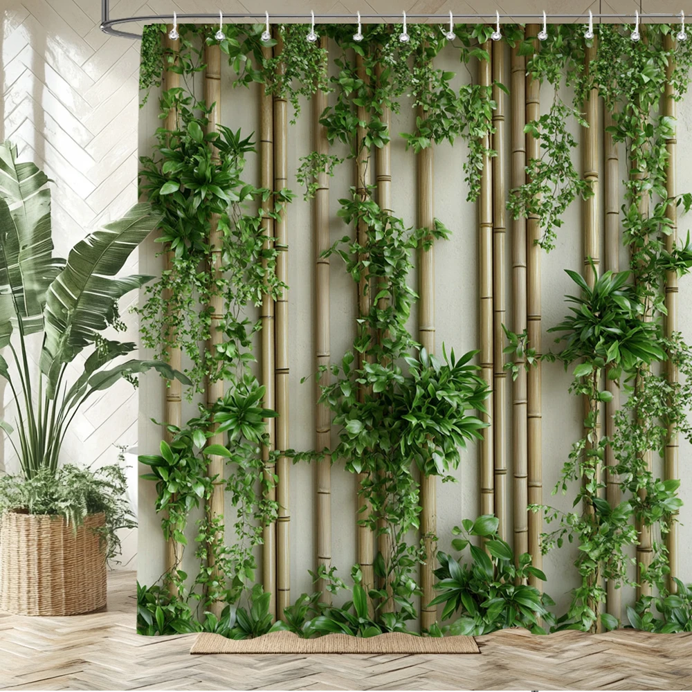 

Green leaves plants and bamboo printed shower curtain polyester fabric bathroom curtain home decoration curtain with hooks