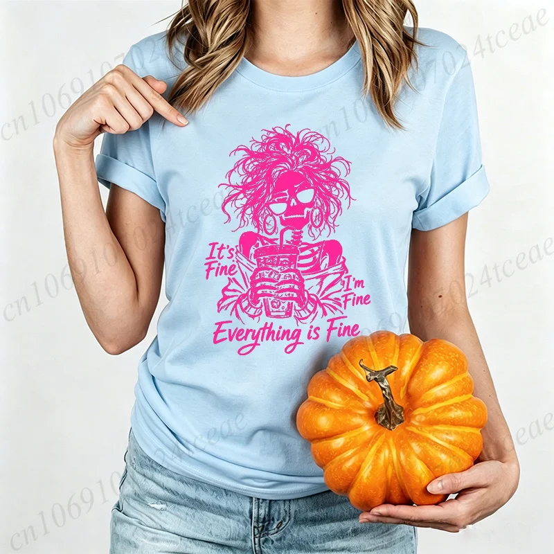 Lustiges Skelett-Kaffee-Grafik-T-Shirt für Damen „Es ist in Ordnung, mir geht es gut, alles ist in Ordnung“ Kurzarm-T-Shirt Halloween Casual Tops Geschenke – Detail 4