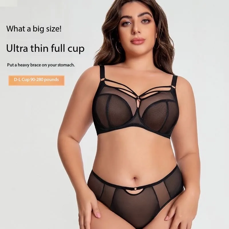 

Plus size underwear women's big breasts show small anti-sagging gathering breathable thin full cup fat MM bra set