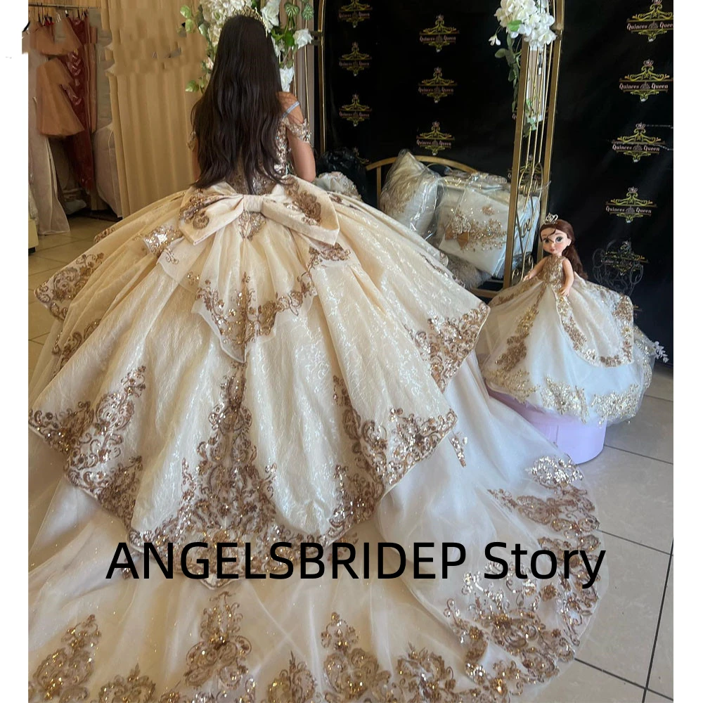 ANGELSBRIDEP gaun Quinceanera bahu terbuka emas gaun pita applique bunga renda Tull korset untuk manis 15 anak perempuan gaun pesta dansa