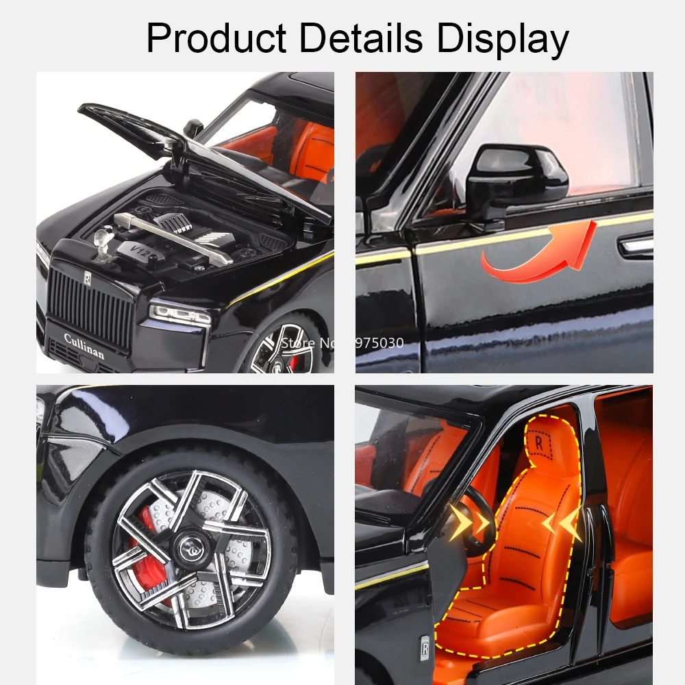1:24 Alloy Rolls Royce Cullinan XM-Modell, Druckguss-Spielzeugautos, 6 Türen, geöffnete Fahrzeuge, zurückziehbare leichte Musik, Miniaturauto, Kindergeschenk – Detail 15