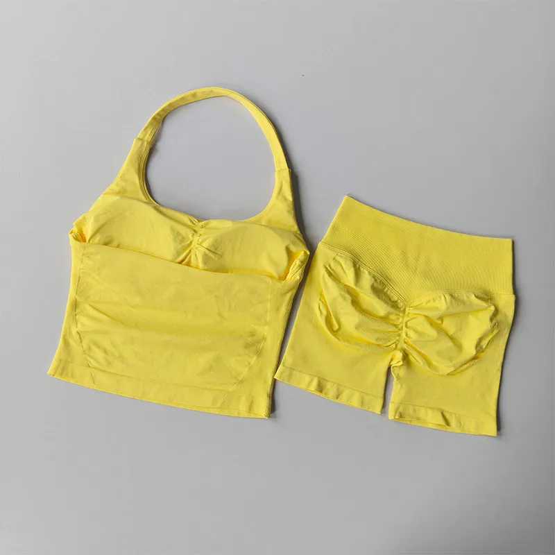 Nahtloses Neckholder-Yoga-Set für Damen, zweiteilig, Push-up-Sport-BH mit hochtaillierten, bauchkontrollierenden und figurformenden Fitness-Shorts – Detail 7