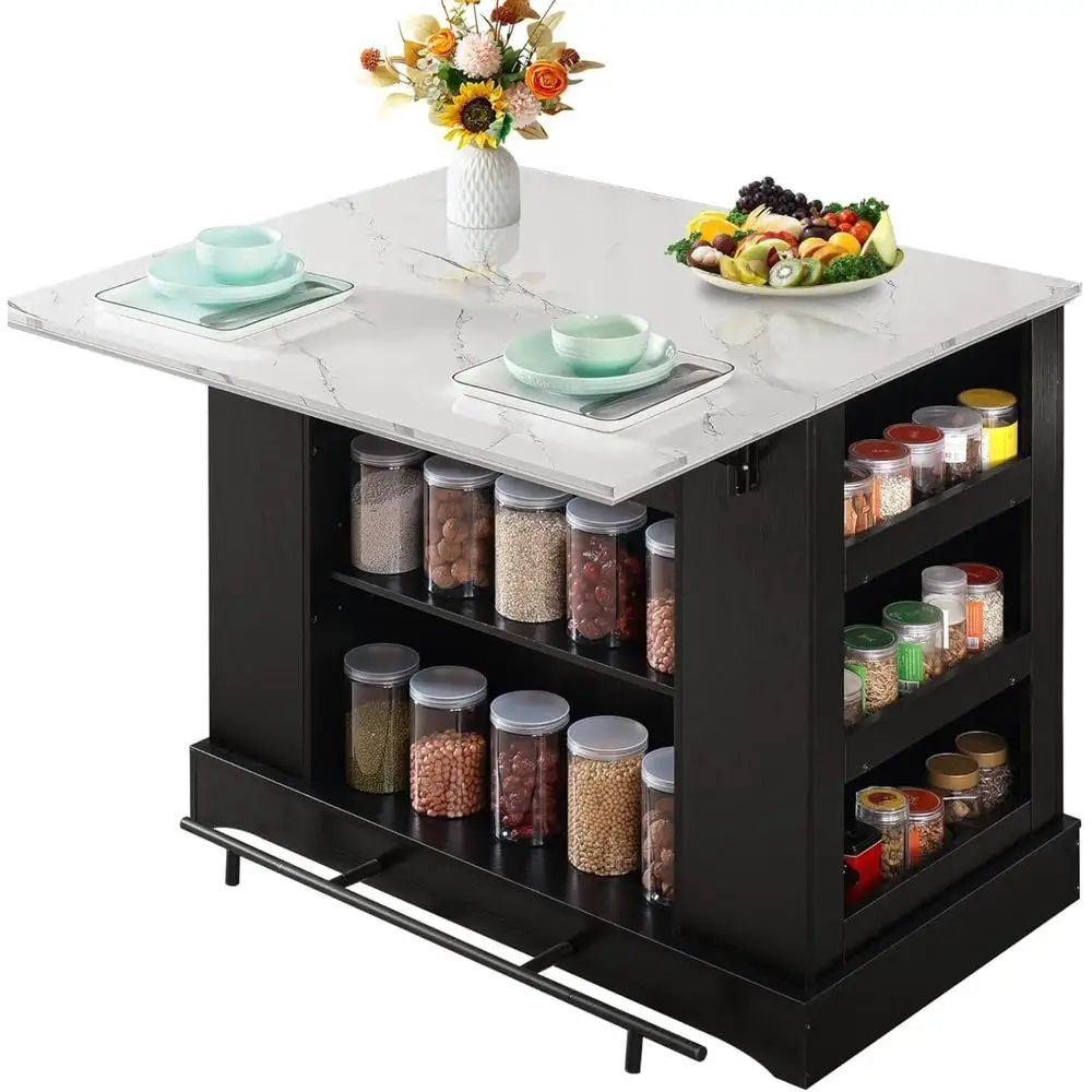 Large Kitchen Island with Storage and Power Outlet Drop Leaf Adjustable Shelves Multi-Functional Dining Prep Area Organizer