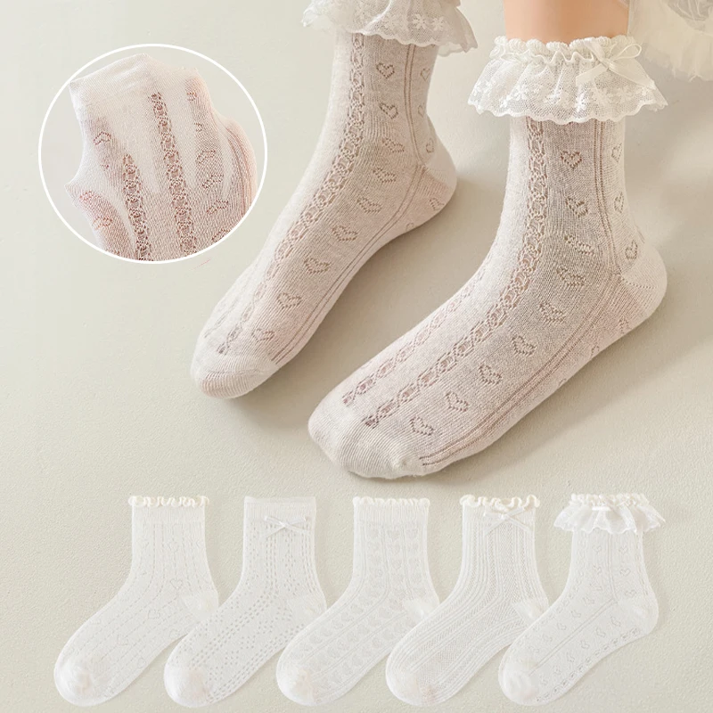 5 Pairs Girl'S Socks Lace Breathable Mesh Socks Baby Girl Princess Ruffle Bow Socks Girl 8 To 12 Years