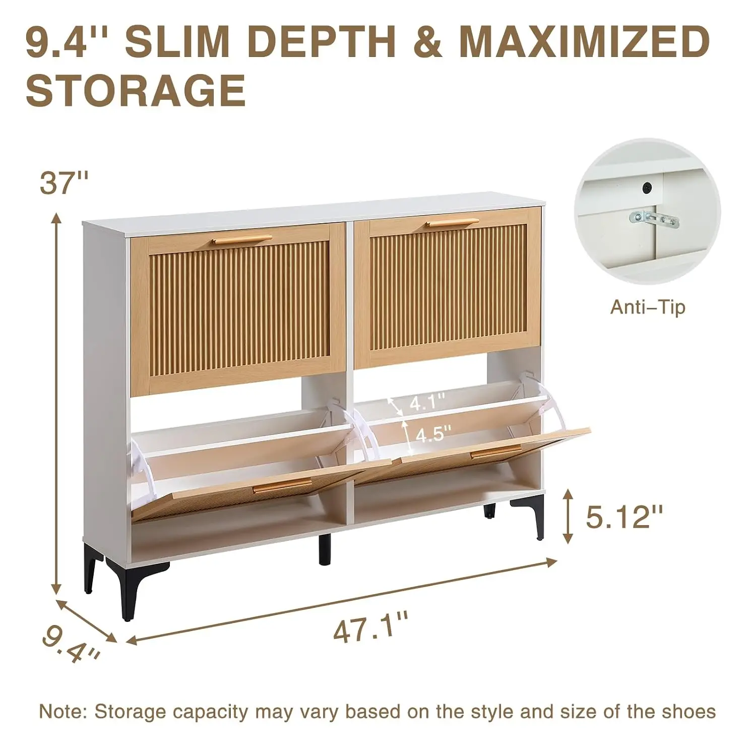 Shoe Cabinet 4 Flip Drawers Entryway Storage White Oak, Customized