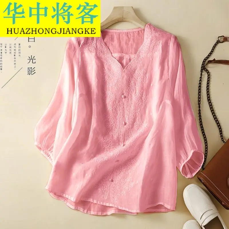 تي شيرت بأكمام سبعة أرباع فضفاض مناسب للتخسيس للأمهات في منتصف العمر ورقبة على شكل حرف v ملابس صيفية بلوفر رفيع