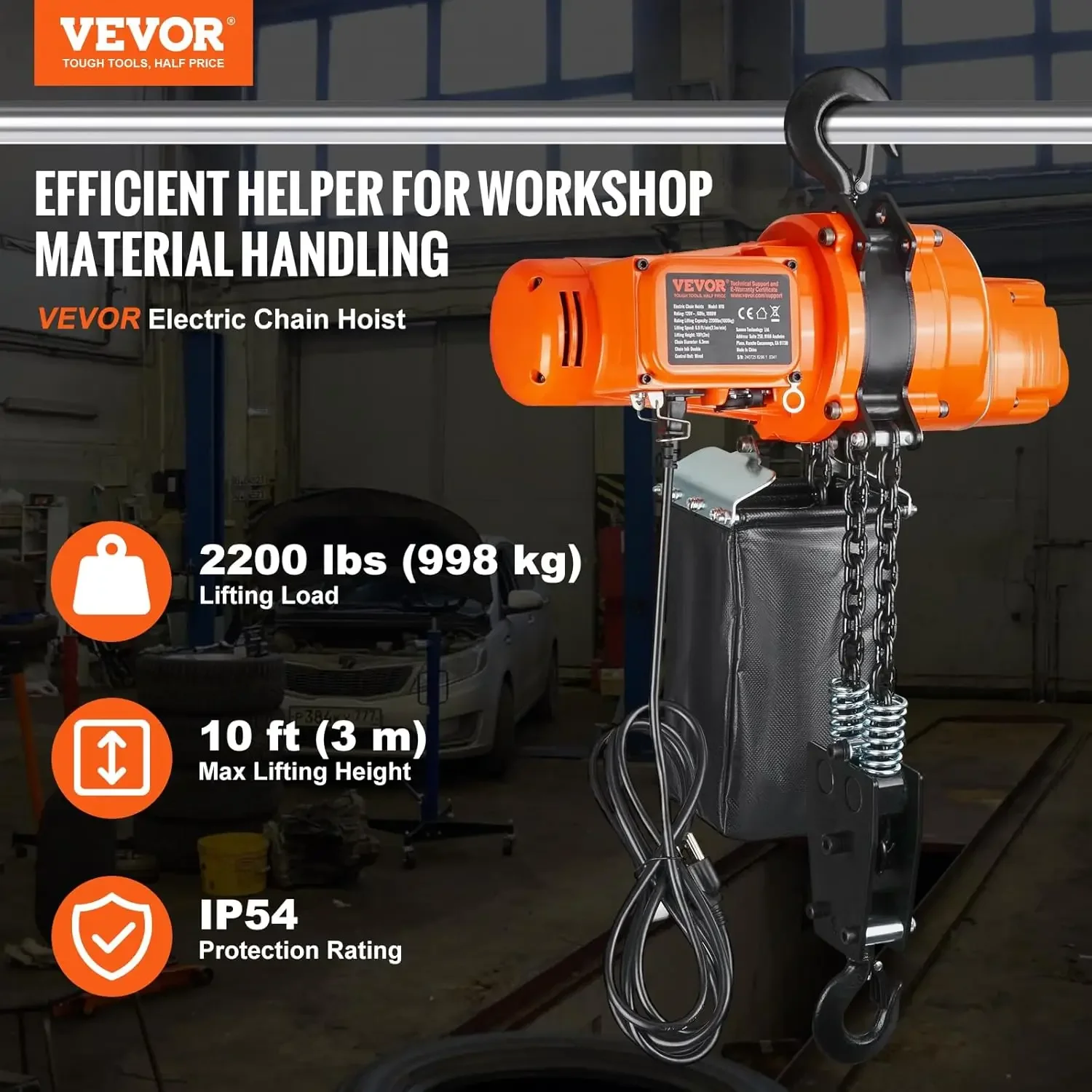 Electric Chain Hoist, 2200 lbs Load Capacity, 10 ft Lifting Height, 120V Single Phase Overhead Crane with Chain, 10 ft Wired