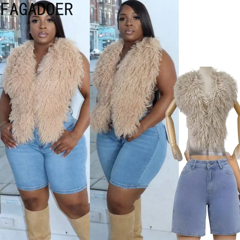 

FAGADOER Autumn New Sexy Fur Patchwork 2 Pieces Set for Woman Outfit Halter Backless Top and Denim Shorts Female Streetwear 2025
