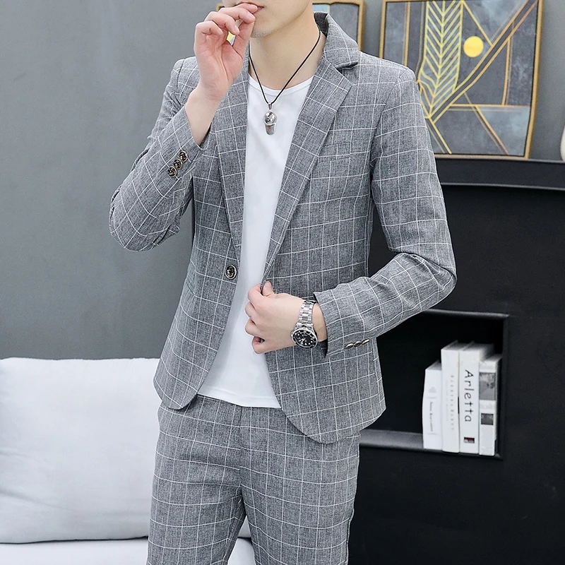 Korean Slim Fit Two-Piece Suit Set Casual Trendy British Style Spring Autumn Handsome Coat with Trousers Hair Stylist Fashion