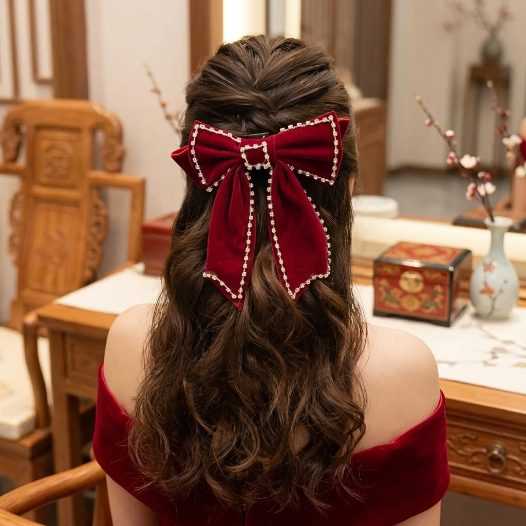 

Bridal Red Bows Hair Clip For Chinese Wedding Toast Ceremony Durable Fabric Elegant Design