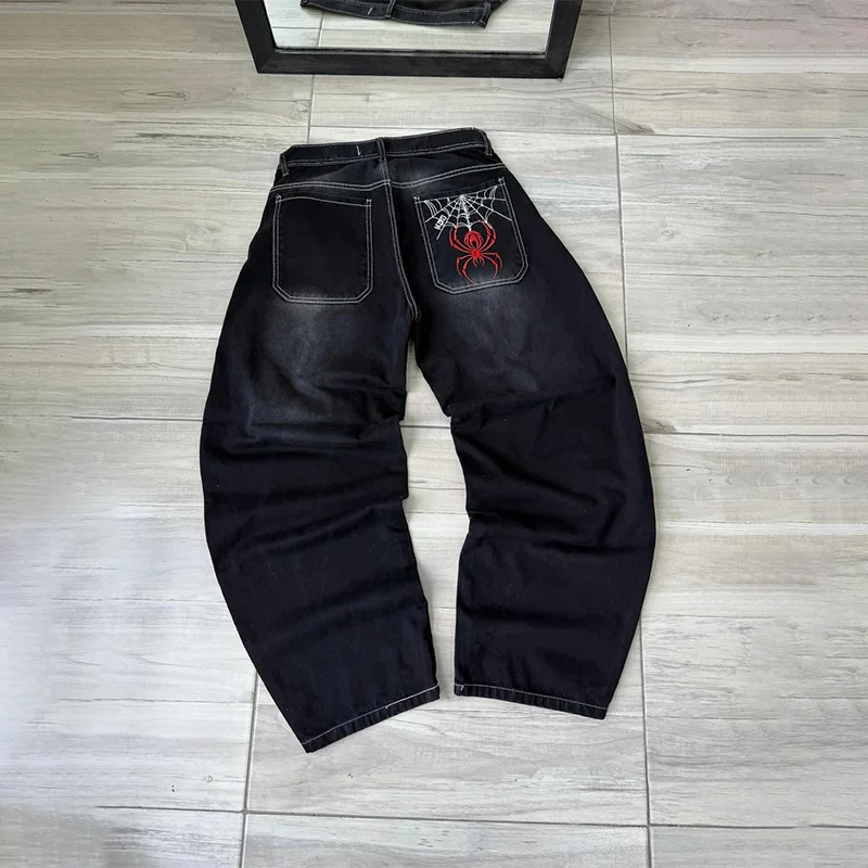 Y2K Fashion Casual Jeans Retro Spinnenweb Afdrukken Zwart Losse Wijde Pijpen Verontruste Jeans Hip Hop Mannen Vrouwen Punk Rock Streetwear