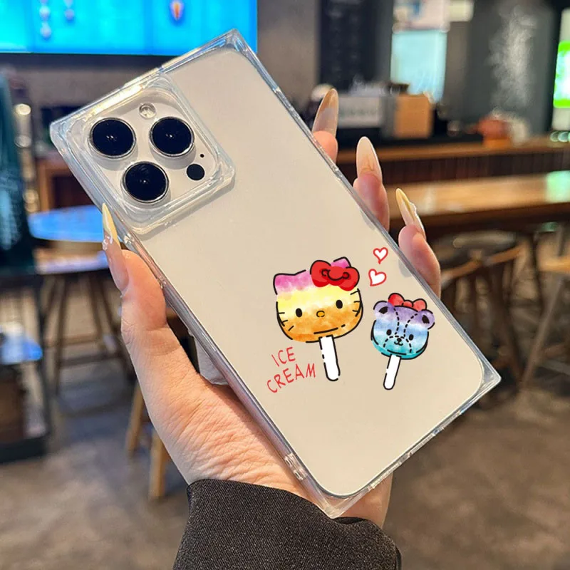 حافظة هاتف هالو كيتي شفافة مربعة ناعمة مضادة للخدش وسائد هوائية زاوية متوافقة مع آيفون 12 13 14 15 16 17 #1