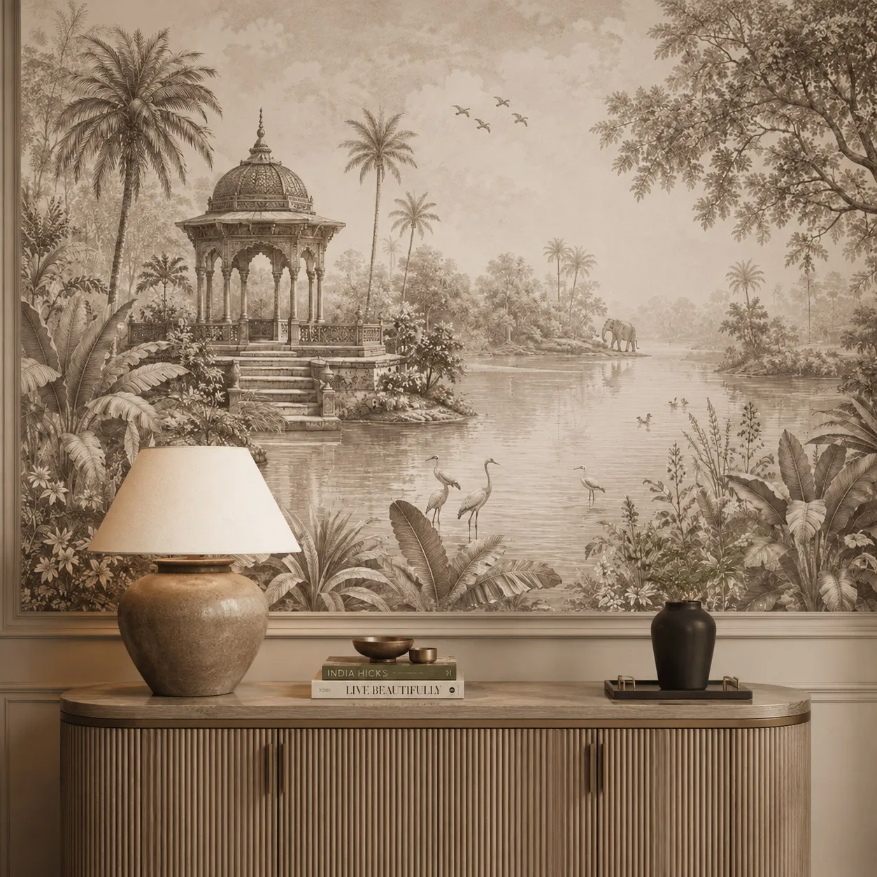 vintage-sepia-indian-garden-gazebo-wall-mural-wallpaper-tropical-lake-elephant-crane-landscape-living-room-art-non-self-adhesive