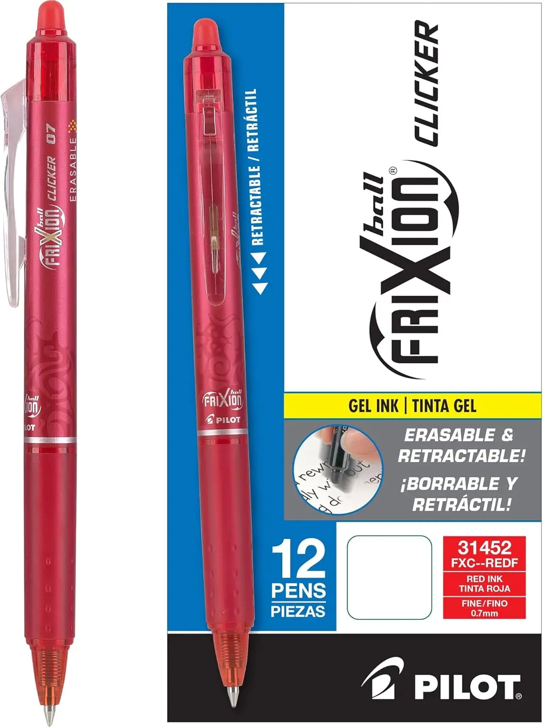 

Erasable Gel Pens, Fine Point 0.7mm Red Ink, 12-Pack Refillable Smooth Writing for School Journaling Office