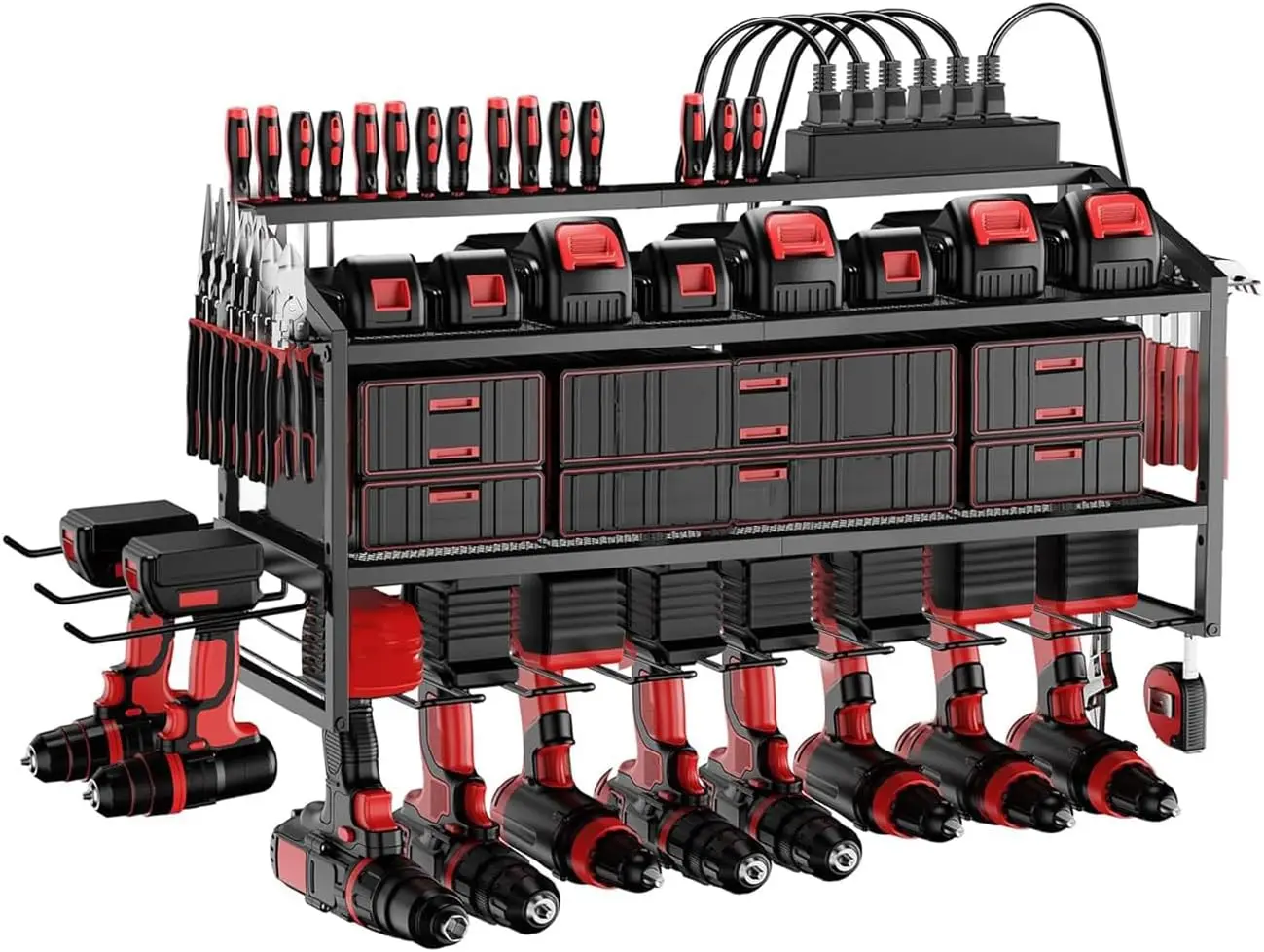 

Wall Mount Power Tool Organizer with Charging Station, 3-Layer Rack for Garage Storage