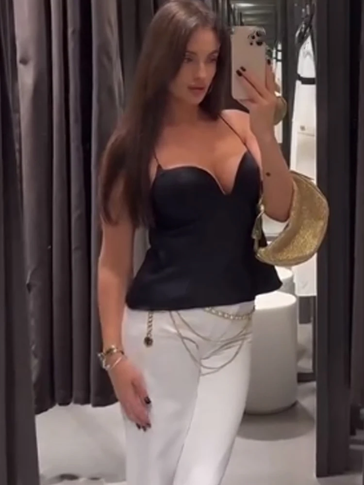 HH Woman's New Fashion Sleeveless Camis Solid Heart-Shaped Collar Backless Zipper Female Summer Sexy Slim Short Top 2 Color