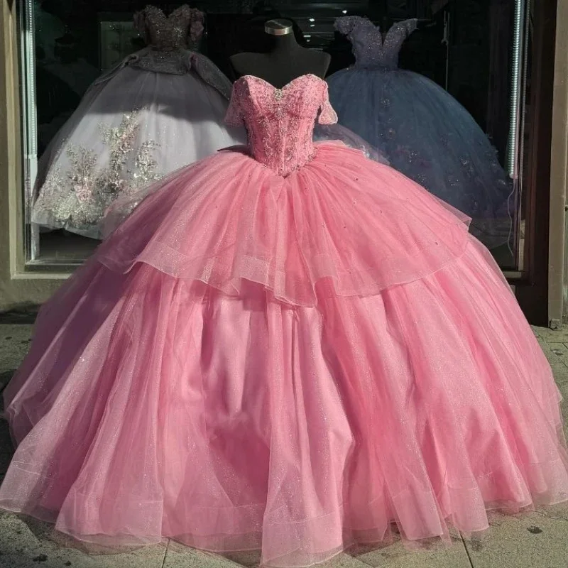 

Angelsbride Vestidos De 15 Años Ball Gown Quinceanera Dresses Off The Shoulder Tiered Beading Pink Princess Girl Party Dress