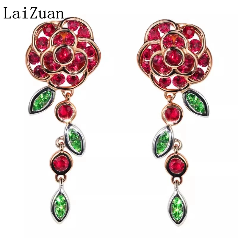 LaiZuan Solid 18k Rose Gold Ruby Drop Earrings Real Tsavorite Gemstone Flower Stud Earrings Anniversary Exquisite Trendy Jewelry