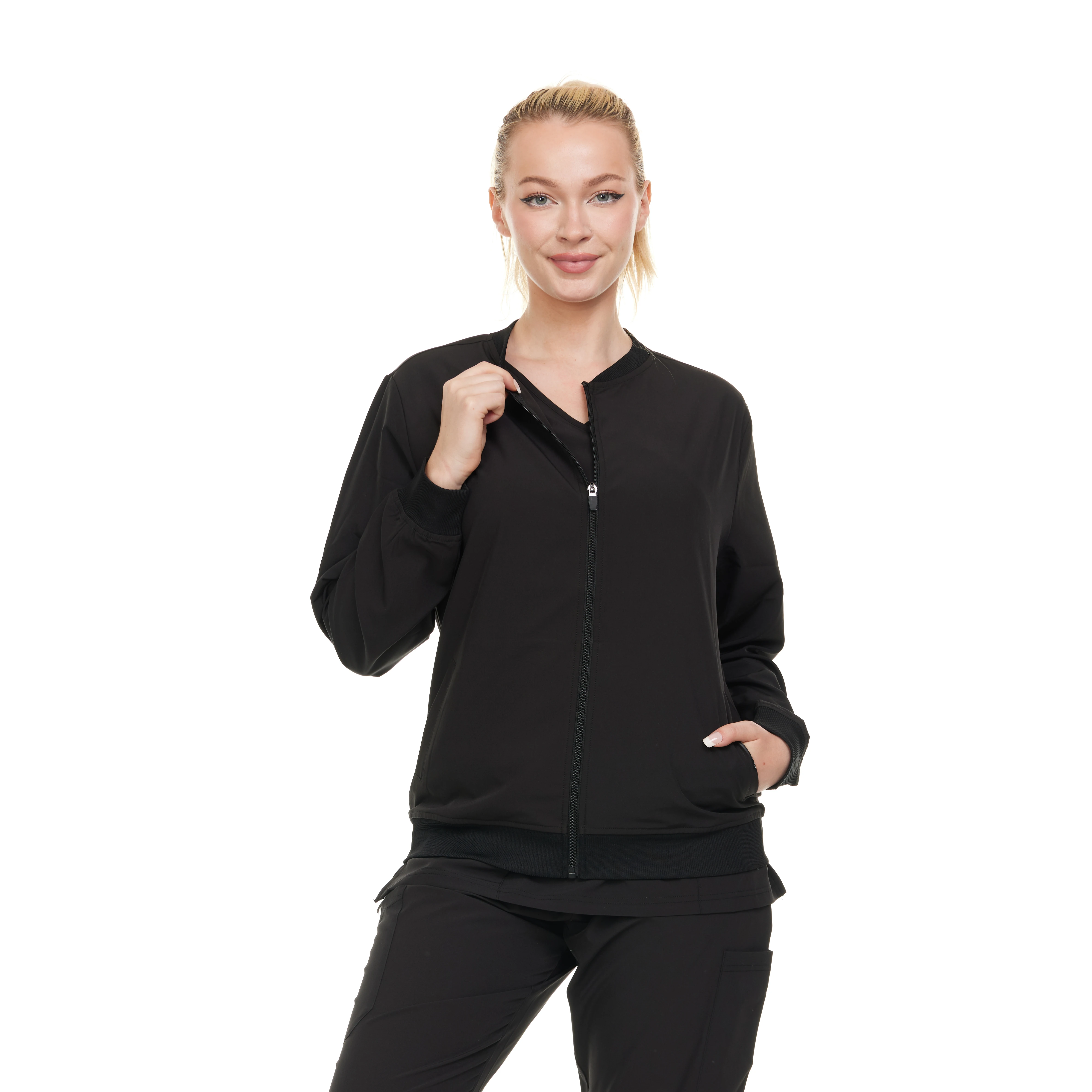 HEAL+WEAR Modern Women Warm Up Scrub Jacket Zip Front Multiple Convenient Pockets. 4-Way Stretch Spandex. Wrinkle-Resistant.