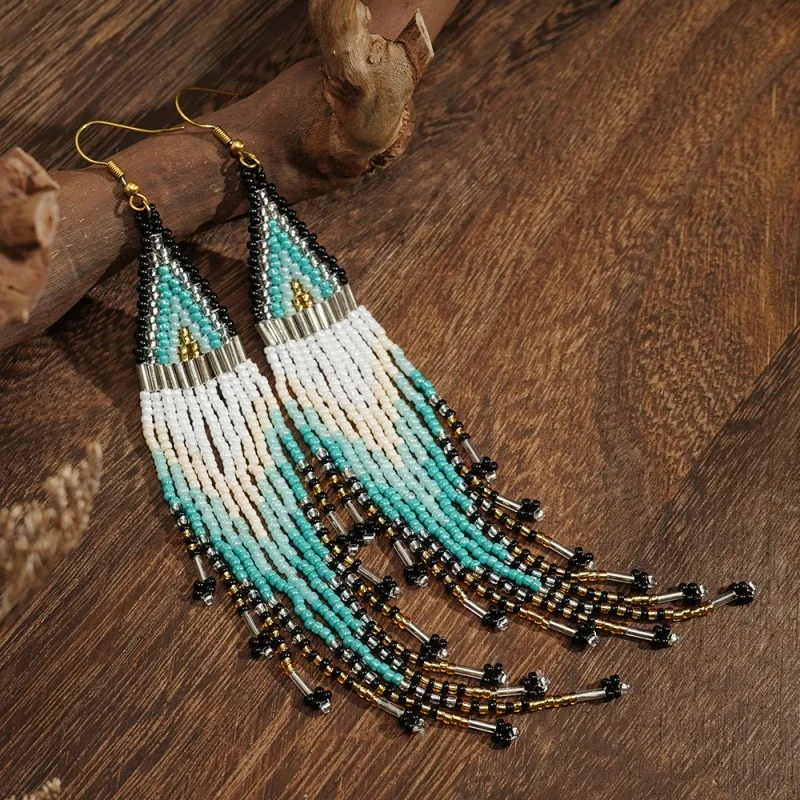 Original Design Bohemian Style Hand Woven Rice Bead Tassel Earrings Women Fashion New Long Pendant Earrings Jewelry Accessories