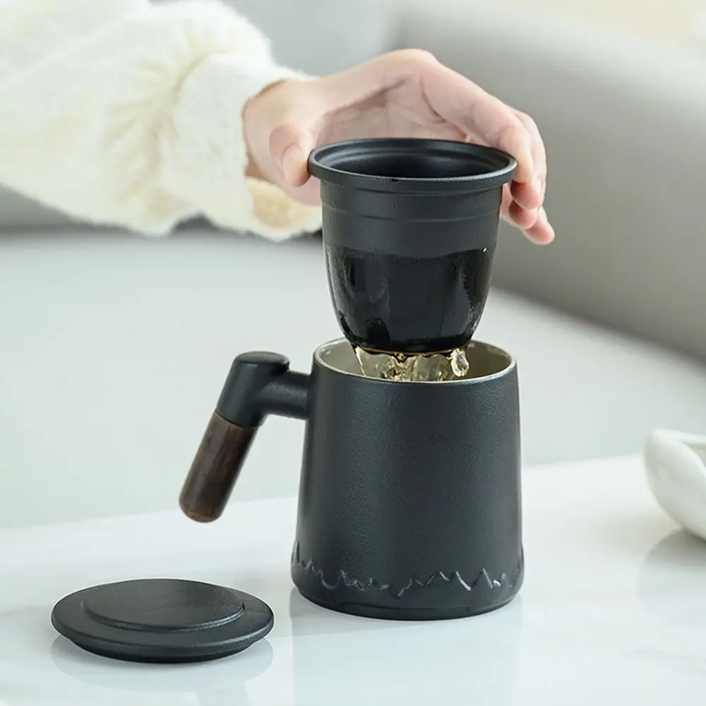 

400ML Ceramic Tea Water Separation Cup Large Capacity Heat Resistant Ceramic Tea Cup Wooden Handle with Lid Kung Fu Tea Set