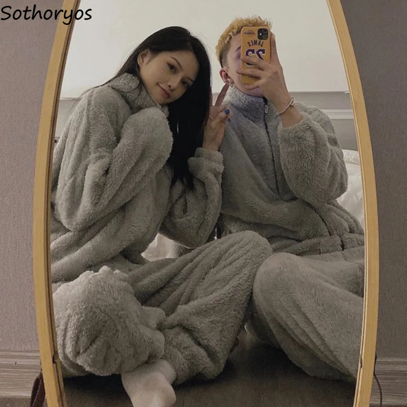 Korean Couple Pajamas Sets for Women Simple Fashion Winter Flannel Zip-up Stand Collar Sleepwear Warm Cozy Plush Lounge Basic