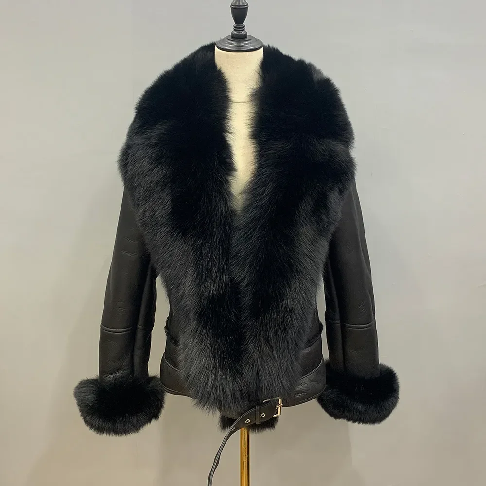 Dames Echte Schapenvacht Leren Jassen Vrouwen Winter Shearling Jassen Echte Lamsbont Voering Big Kraag Natuurlijke Fox Outewear S8611