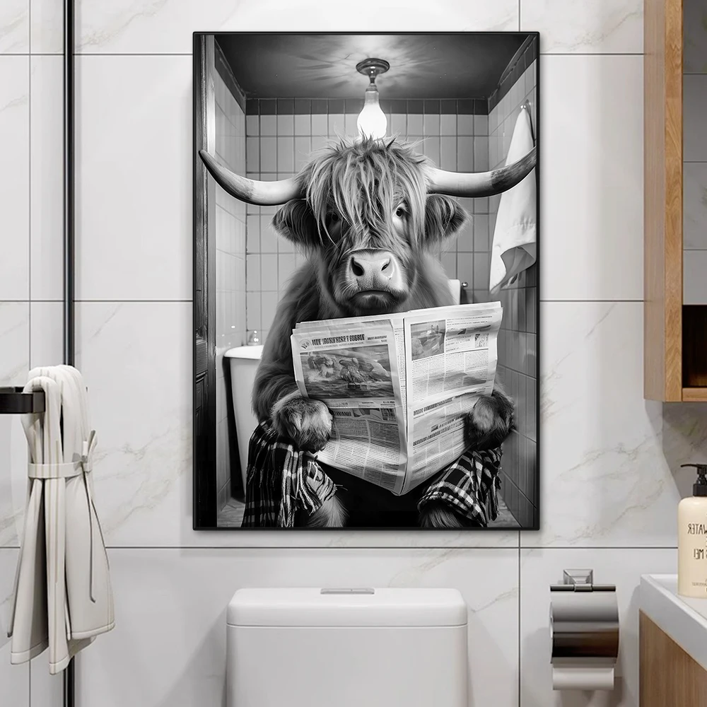 Funny Scottish Highland Cow Reading Newspaper in Toilet Cute Animal Panda Elephant Bathroom Poster and Prints Wall Art Pictures
