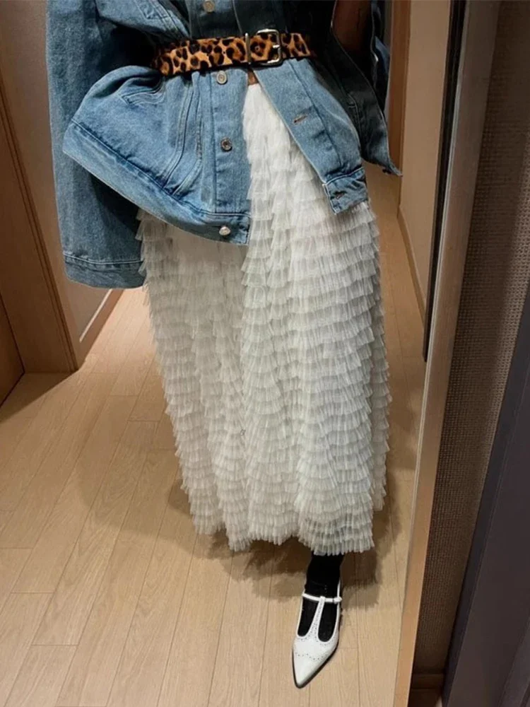 

KUSAHIKI Korean Niche Design Feather Skirt Women's Spring New High Waist Fashion Cake Long Skirts Mujer Faldas
