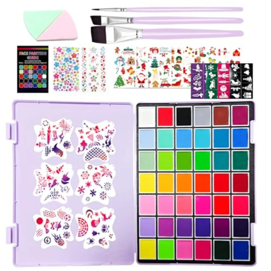 

Professional Face Painting Kit for and Adults, 42 x 10g Non Toxic, Water Based Face Paint Palette, With Stencils and Brushes, f