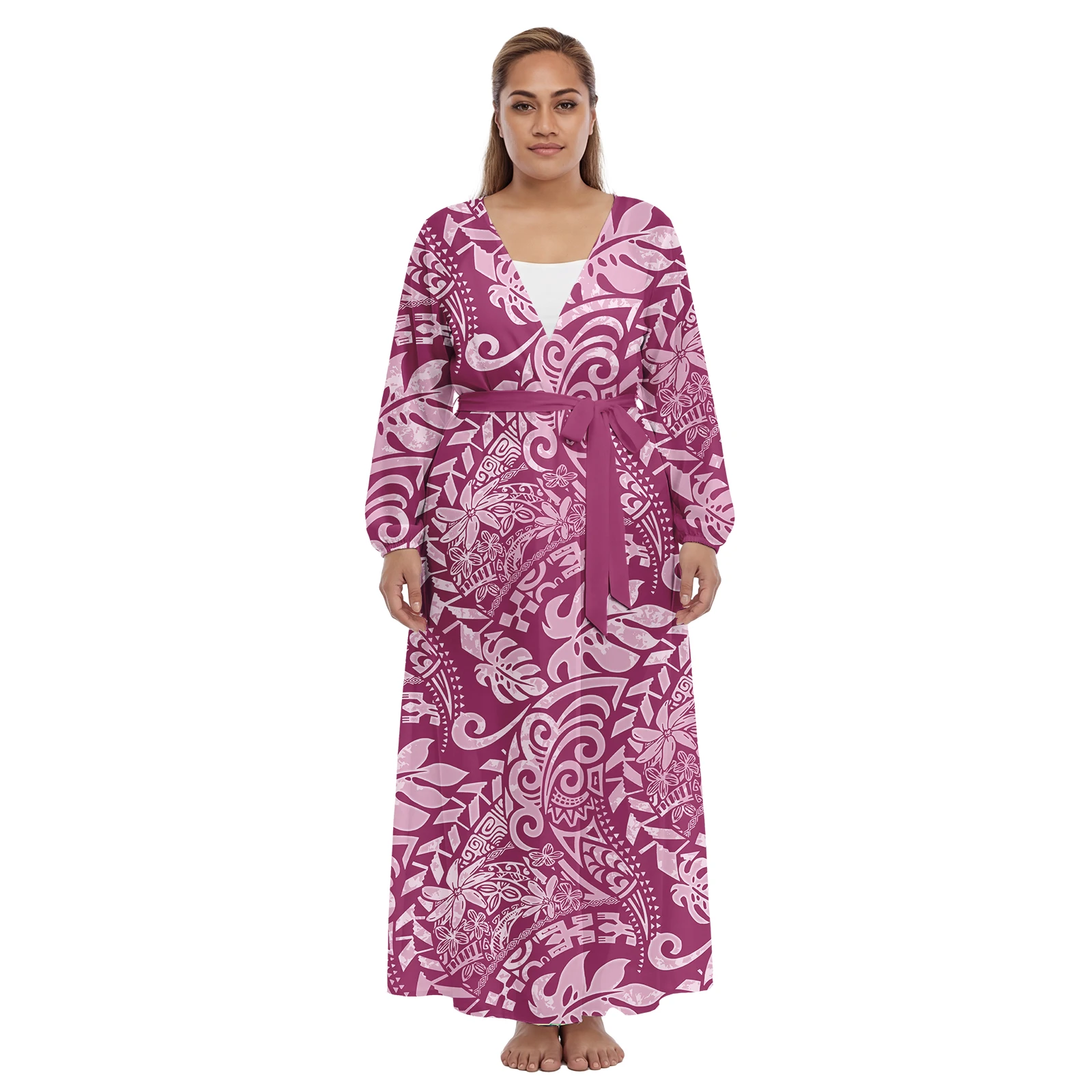 

Popular Custom Image Lady Clothes Samoan Casual Cardigan Hawaiian Female Adult Beach Wear Polynesian Women Tribal Laceup Dress